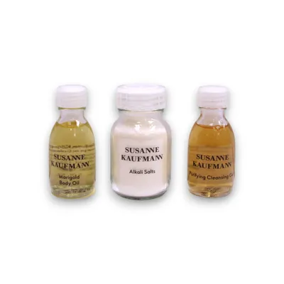 Obrázok produktu pre Susanne Kaufmann Home Spa Collection Set - čistiaci čistiaci gél bez parabénov 30 ml, vyživujúce telové maslo 15 ml a exfoliačné pleťové masky
