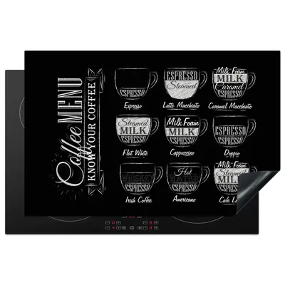 Produktbild von KitchenYeah© Herdabdeckplatte Kaffee - Menü - Schwarz - Weiß , 81x52cm, Küche Deko, Glaskeramikkochfeld Herdabdeckung, Abdeckplatte fùr Kochfeld