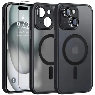 Image de Etui Pour Iphone 15 Magsafe Black Armoured Case Camera Cover Case+Glass