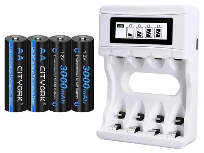 Zdjęcie produktu dla Akumulatory NiMH, pojemność 3000 mAh, kompatybilne z urządzeniami na baterie AA, zestaw 4 baterii AA i 1 ładowarka