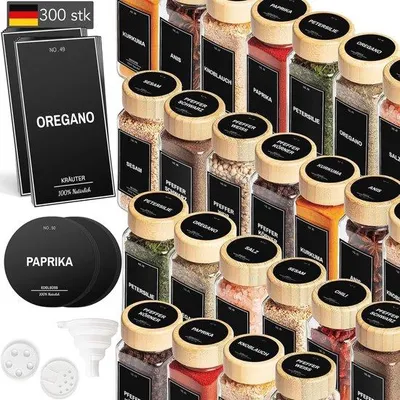 Immagine prodotto di Set di barattoli per spezie Famanu con coperchi in legno e 300 etichette: contenitori ermetici per spezie, ideali per una cucina organizzata