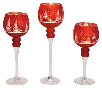Productafbeelding van Windlichtset kelk, winterbosdecor rood, 30, 35, 40 cm x Ø13 cm van glas, set van 3