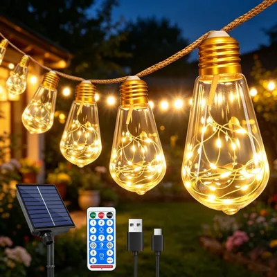 Solar-Lichtsnoer für außen, 8 m, 16 Lampen, Vintage, Khaki