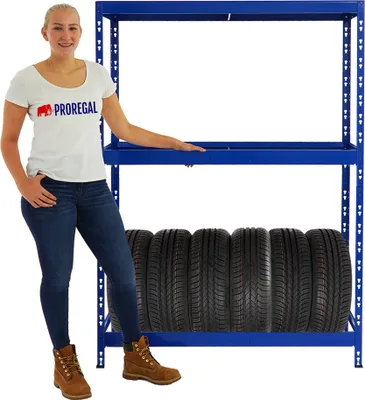 Produktbild von Reifenregal TIGER mit Fachboden | HxBxT 180x130x50cm | bis zu 12 Reifen auf 2 Ebenen + Ablage | Blau
