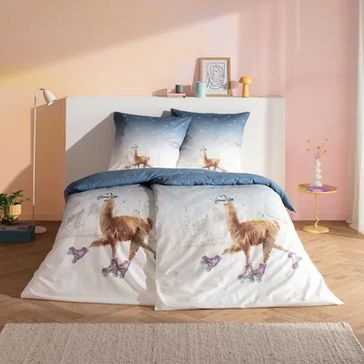 Produktbild von Estella Mako-Satin Bettwäsche 135x200 City Lama Sterne blau 4848-600