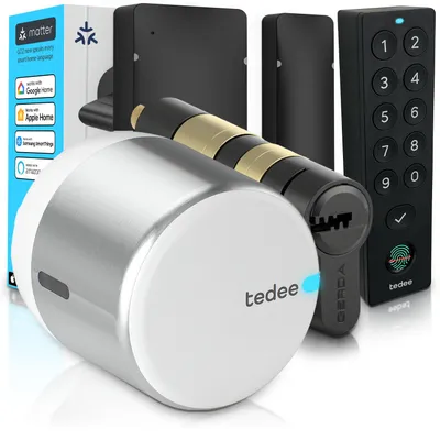 Obrázek produktu pro Tedee GO2 Alu s Keypad PRO, senzorem dveří a vložkou Gerda EXXO – Chytrý zámek, otisk prstu, třída 6, bezpečné zamykání, bezklíčový vstup, Matter