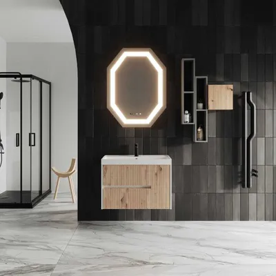 Produktbild von Unterschrank in goldeiche geriffelt in 80cm mit Waschtisch und Led Lichtspiegel | Cortina