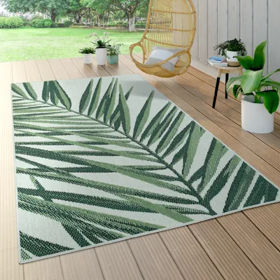 Produktbild von In- & Outdoor Teppich Palmen-Muster Terrasse Balkon Flachgewebe Grün Beige Grösse 80x250 cm