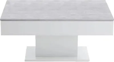 A modern coffee table with a concrete-look top and a white base, shown from a front-side angle against a white background.