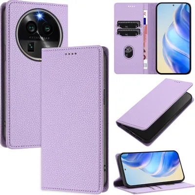 Produktbild von Litchi Leder Handyhülle für Oppo Find X6 Pro Wallet Kartenfächer Standfunktion Hülle Violett