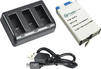 Produktbild von 3-fach Ladegerät + 1x Akku 1400mAh für GoPro Max Kamera inkl. Micro-USB Kabel - ersetzt SPCC1B, ACBAT-001, BC-GP7C - Ladestation Ladekabel