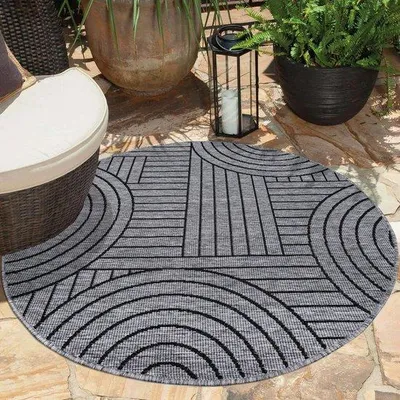 Produktbild von Famanu Teppich Antrazit, Grau – Wendbares Bodenbelag – 160 cm Rund – Geometrisches Muster – Wetterfest für Balkon, Terrasse