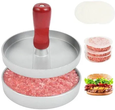Image de Presse à burgers Ibenzoa® en aluminium moulé de qualité alimentaire, avec revêtement antiadhésif, diamètre intérieur de 11 cm / diamètre extérieur de 12 cm, poignée de 14 cm, incluant 100 feuilles de papier sulfurisé