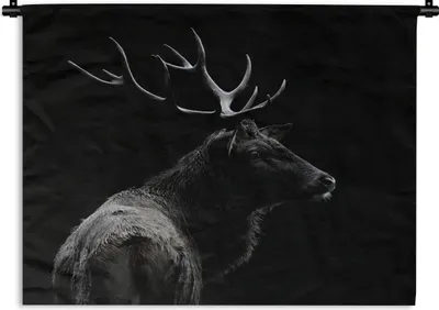 Produktbild von MuchoWow® Wandteppich Wandbehang Hirsch - Schwarz - Porträt - Geweih - Tiere 120x90 cm Tapisserie Dekoration Wandtuch - Wohnen - Aufhänger für die Wand