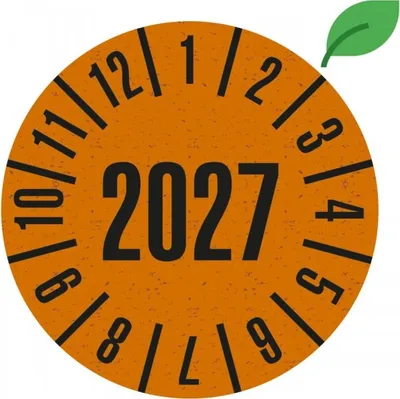 Produktbild von Dreifke® Prüfplakette 2027, orange, Graspapier, selbstklebend, Ø 30mm, 500/Rolle