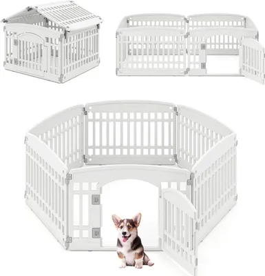 A collage of images showing a white plastic dog playpen in different configurations, including a house-like structure and an octagonal pen with a dog inside.