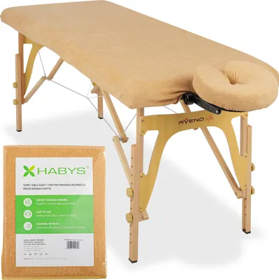 Produktbild von Habys Set | Einteiliges Frottee-Spannlaken für klappbare Massageliegen Massagetische 60/165 | + Frottee-Bezug für die Kopfstütze | Beige