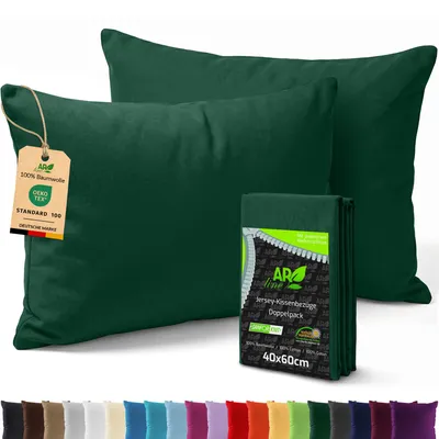 Produktbild von AR Line 2er Pack Jersey Kissenbezüge 40x60 Baumwolle – weich, elastisch, Kissenhüllen mit Reißverschluss, in Farbe: Dunkelgrün
