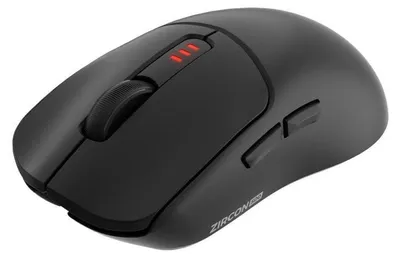 A black wireless gaming mouse is shown from a diagonal angle against a light gray background.