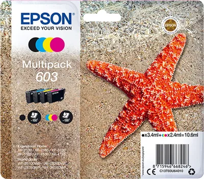 Packaging for Epson ink cartridges with a starfish on a sandy beach background.