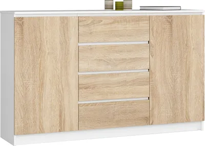Produktbild von Kommode AKORD K160 Weiß 160 cm 2 Türen 4 Schubladen 4 Ebenen Front Sonoma-Eiche B160 x H99 x T40 cm