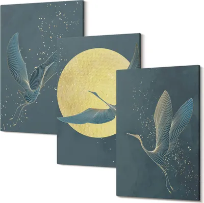 Produktbild von Leinwandbild – Wandbild – Leinwandbilder – Kunstdruck – Polycanvas – Modern – Mehrteilig – 3-Teilig Set – Hochwertig – Geruchslos – Lichtecht – Fertig Aufgespannt – 20x30 Cm Je Teil - Kraniche im Flug vor dem Hintergrund von Mond und Sternen
