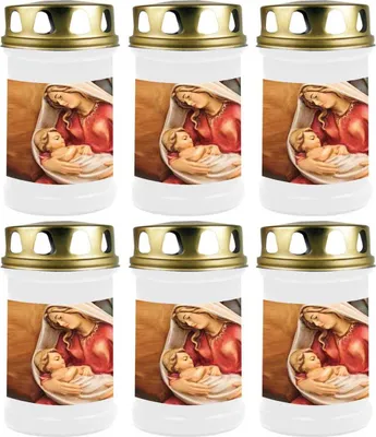 Produktbild von Grabkerze Weiß 6er Pack, Brenndauer: 48 Stunden ( je Kerze ), Motiv: Maria mit Kind