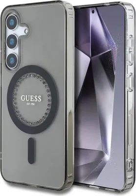 A smartphone case with a magnetic ring and rhinestones, shown next to a smartphone.