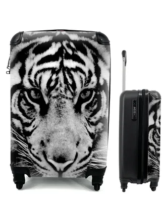 Produktbild von MuchoWow® Koffer Handgepäck Trolley Rollkoffer Kleine Reisekoffer mit 4 Rollen - Sumatra-Tiger vor schwarzem Hintergrund in schwarz und weiß - Cabin Size < 55x40x23 cm & 55x40x20 cm - Fotokoffer - Kabinenkoffer - Boardgepäck - Reise-Box - Reisekoffer - Reisegepäck - Koffer mit Bild - Trolley für Kinder