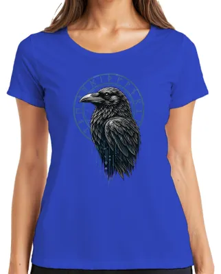 Immagine prodotto di Maglietta da donna, blu, taglia S, con immagini vichinghe: corvo, rune, Odino, Hugin, Munin, mitologia nordica, Valhalla