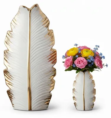 Zdjęcie produktu dla Wazon liść biały ze złotym ceramiczny rękodzieło dekoracja 25cm duży