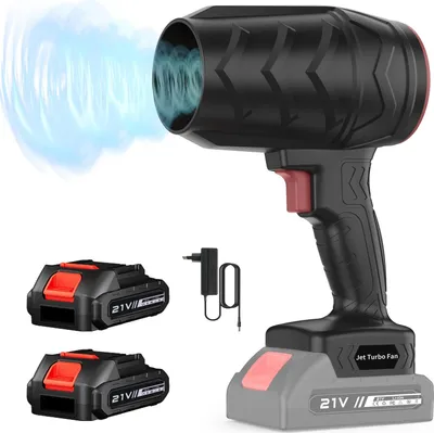 Zdjęcie produktu dla Akumulatorowa dmuchawa powietrza – dmuchawa turbo – 21 V – 380 W – 36 000 obr./min – regulacja prędkości obrotowej – 2 akumulatory + ładowarka – wtyczka UE – czarna