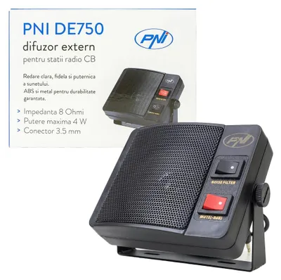 Zdjęcie produktu dla Zewnętrzny głośnik PNI DE750 do radiotelefonów CB, 8 omów, 4 W, głośnik 3-calowy, gniazdo 3,5 mm