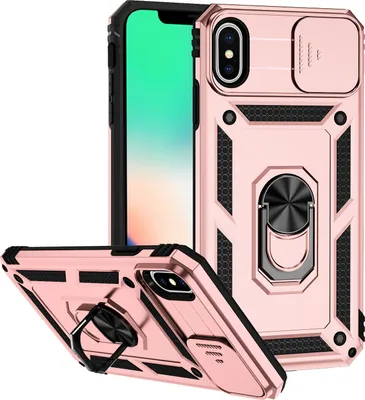 Image de Coque pour iPhone XS / iPhone X à double couche avec cache coulissant pour appareil photo et support annulaire Rose