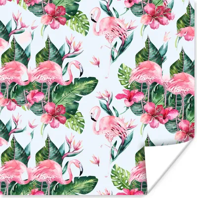 Produktbild von MuchoWow® Poster Flamingo - Blumen - Blätter - Muster 50x50 cm - Wohnzimmerdekoration