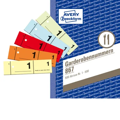 Produktbild von Avery Zweckform 867, Garderobennummern, 5-farbig, A6, 1-500 Abschnitte pro Buch, 2 Bücher pro Farbe