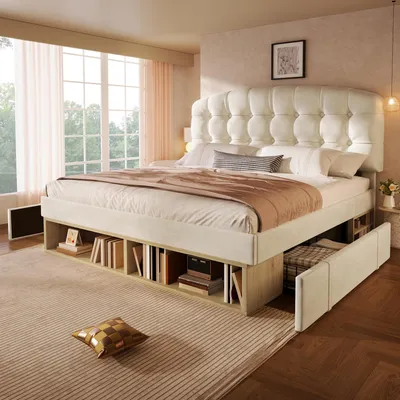 Produktbild von Flieks Polsterbett 140x200cm mit Schubladen, Stauraumbett Doppelbett mit Staufächern, Jugendbett Kinderbett mit verstellbarem Kopfteil, Samt, Beige