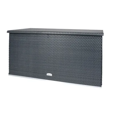 A dark gray rattan storage box is shown against a white background.