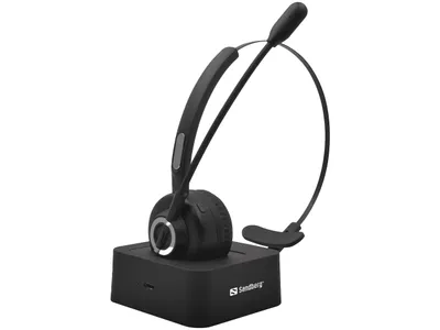 A black Sandberg Bluetooth Office Headset Pro with a charging base, shown against a white background.
