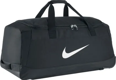 A black Nike duffel bag with a white Nike swoosh logo.