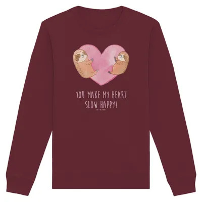 Produktbild von Mr. & Mrs. Panda Baumwoll Pullover Faultiere Herz Größe XS - Burgundy - Geschenk, Sweatshirt, Pulli, für Freundin, Freund, Frauen, Partner, Sweater, Hochzeitstag, Bio