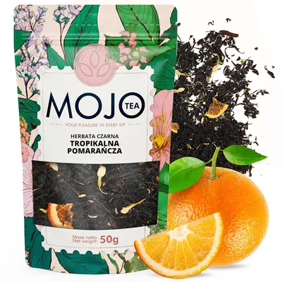 Produktbild von Mojo Tea Schwarzer Tee Tropische Orange 50 g-Aromatisierter loser Schwarztee mit Orangenschale, exotischen Früchten & feiner Süße-Früchtetee
