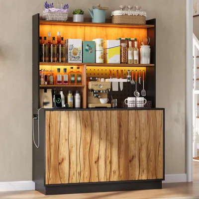 Produktbild von MODFU Küchenschrank mit RGB-LED, Stauraumschrank mit Wellenfront und Steckdosenleiste & USB, Vorratsschrank mit 2 Türen und offenen Fächern, Natur,120 × 43 × 160 cm