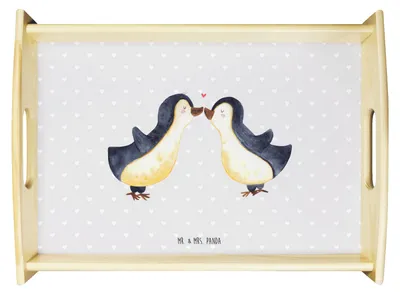 Produktbild von Mr. & Mrs. Panda Deko Tablett Pinguin Liebe - Grau Pastell - Geschenk, Dekotablett, Freundin, Servier, Serviertablett, Bett-Tablett, Hocheitstag, Vertraut, holz, Pinguine