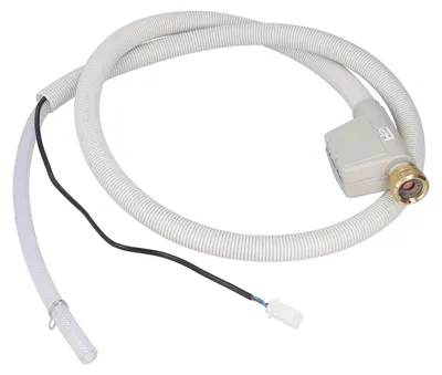 A close-up studio shot of a dishwasher inlet hose with an Aquastop safety valve.