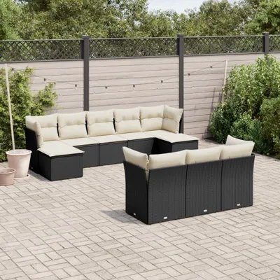 Produktbild von Design 10-tlg. Garten-Sofagarnitur mit Kissen Schwarz Poly Rattan, Gartenmöbel-Sets 2024 Neu