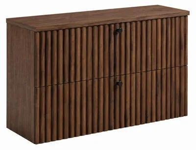 Productafbeelding van Badkamerkast met plank, model 80, eikenhout met notenfineer + plank van eikenhout met notenfineer, handgrepen in drie kleuren, afmetingen: 80 x 44,4 x 58,6 cm, AI-gegenereerde afbeelding