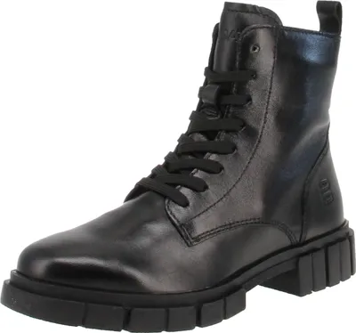 A black leather boot on a white background.