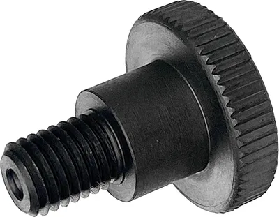 A close-up studio shot of a black metal screw with a knurled head.
