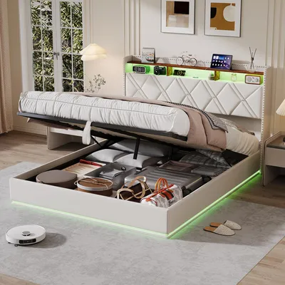 Immagine prodotto di Letto imbottito idraulico ProximaX 140x200 cm con porte di ricarica USB e Type-C, letto matrimoniale per ragazzi con LED, letto contenitore per biancheria, beige